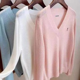 Womens TShirt Spring And Summer Long Sleeve Fine Wool Imitation Tshirt Korean Thin VNeck Knitted Sweater Solid Basic Pullover Top 230419