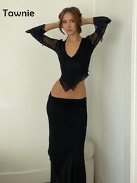 Two Piece Dress Tawnie Y2K Mesh Skirt 2 Pieces Set 2023 Summer Casual V Neck Long Sleeve Crop Top Bodycon Maxi Matching Sets Outfit 230419