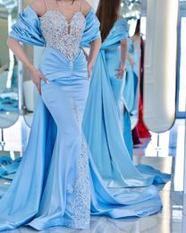 Light Sky Blue Mermaid Prom Dresses With Wrap Bow Back Beaded 2023 For Women Evening Party Gowns 322