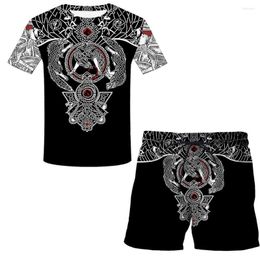 Men's T Shirts Fashion Summer Men's T-shirt Set Viking Tattoo 3D Print Shorts Quick Drying Two Piece Casual Sports Short Sleeve