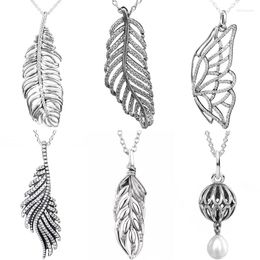 Chains Shimmering Feather Pine Needle Leave Butterfly Wing Pearl Drop 925 Sterling Silver Necklace For Europe Bead Charm DIY Jewellery