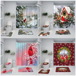 Shower Curtains Winter Landscape Curtain Bath Mats Set Red Bird Xmas Berry Christmas Bathroom Decor Carpet Anti-Slip Rug Toilet Lid Cover