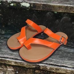 Sandals 2023 Summer Women Slippers PU Buckle Flat Solid Flip Flops Fashion Female Beachwear Sandalias Mujer Shoes