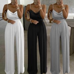 Women's Jumpsuits Rompers Elegant Rompers 2022 Summer Sexy Soild Pearl Sling Top Jumpsuits Women Straps Wide Leg Playsuits Casual V-Neck Overall Bodysuit P230419