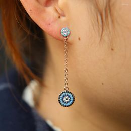 Dangle Earrings Rose Gold Color Micro Pave Black Nano Turquoises Stone Double Disco Round Charm Delicate Chain Fashion CZ Earring