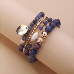 Strand Fashion Jewellery 4 Strands Stacked Layered Navy Blue Natural Stone Bead Bracelets For Women Beaded