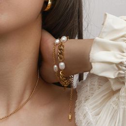 Link Bracelets Elegant Ladies Freshwater Pearl Stainless Steel Cuban Chain Bangles Chunky Water Resistant Bracelet Jewellery Gift
