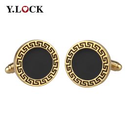 Cuff Links Vintage Decorative Pattern Cufflinks Black Enamel Epoxy Round Plated Golden Men Cufflinks Festival Gift Wholesale Customising 230419