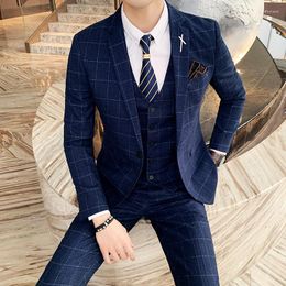 Men's Suits Plus Size S-7XL (Blazer Pants Vest) Luxury Men Suit 3 Piece Set Fashion Boutique Lattice Groom Wedding Dress Men's Tuxedo