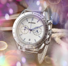 Popular Sub Dials Work Men's automatic watch stainless steel mesh clock quartz battery super luminous waterproof arrow pins bracelet wristwatch montre de luxe gifts