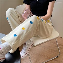 Women's Jeans Love Embroidery Pattern Y2k Women's Spring 2023 Straight Tube Loose High Waist Retro Wide Leg Pants Denim