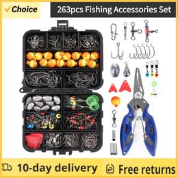 Fishing Accessories 263pcs Set Set with Tackle Box Including Plier Jig Hooks Sinker Weight Swivels Snaps Slides 231118
