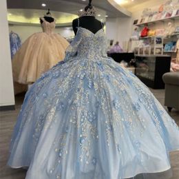 Sky Blue Off The Shoulder Quinceanera Dress Appliques Flower Beads Birthday Party Gowns Graduation Sweet 16 Vestidos De 15 Anos