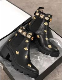 Elegant Crystal Strap Women Bottes Black Leather Ankle Boots Chunky Combat Booties Lug Soles Lady Party Dress Walking EU35-42