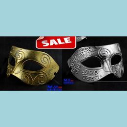 Party Masks Antique Roman Greek Fighter Men Mask Venetian Mardi Gras Masquerade Halloween Costume Half Face Props Gold Sier Dhitz