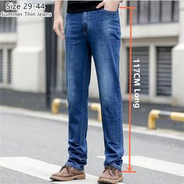 Mens Jeans Long Summer 117CM Tall Thin Stretched Plus Size 40 42 44 Oversized Slim Fit High Waist Blue Denim Trousers 230419