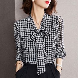 Women's Blouses Fashion Lace Up Bow Long Sleeve Chiffon Blouse Thousand Bird Checker Pattern 2023 Autumn Design Sense Casual Female