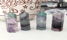 Whole 4pcs Natural purple green fluorite QUARTZ CRYSTAL WAND POINT Column Sceptres Pillar HEALING Reiki Chakra p1233031