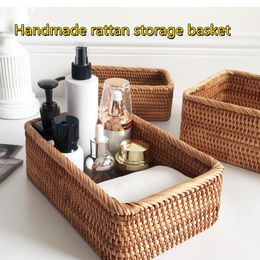 Storage Baskets Hand woven Rattan Wicker Fruit Tea Snack Bread Cosmetic Rectangular Box Household Kitchen Supplies 230418