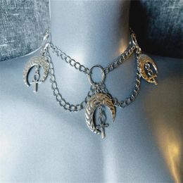 Chains Triple Ankh Crescent Chain Choker - Gothic Vampiric Order Wisdom Gift Egyptian Vamp Eternal Life Force Cross Symbol Immortality