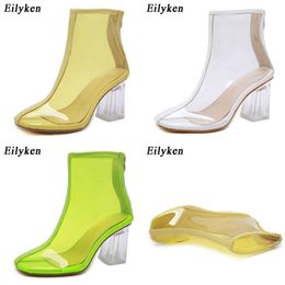 top Sexy PVC Transparent Boots Round Toe Shoes Clear Chunky Heels Women Boots Sandals Zipper Mujer 230306