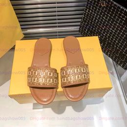 Women Baguettes Slippers slides Sandals Soft sheepskin Leather Print Canvas square buckle weave flat sandals With Box