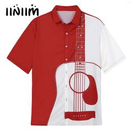 Men's Casual Shirts Mens Button Down Tops Stylish Guitar Printing Short Sleeve Shirt Vacation Color Block Tees Male Clothing