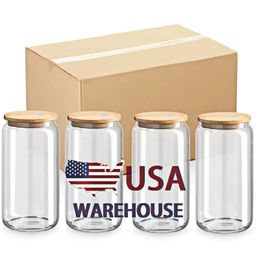 Armazém US 16oz Caneca Reta Em Branco Sublimação Fosco Transparente Copo De Vidro De Café Tumblers Com Tampa De Bambu E Palha