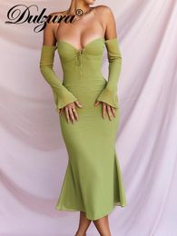 Casual Dresses Dulzura 2023 Baju Y2K Seksi Ritsleting Sifon Wanita Pakaian Gaun Midi Bodycon Lengan Panjang Punggung Terbuka Halter Berenda Klub Pesta 230418