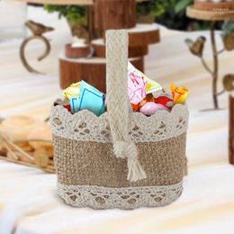 Gift Wrap Wedding Lace Burlap Flower Basket Linen Handle Vintage Rustic Ceremony Table Decoration Baby Shower Party Candy Bag