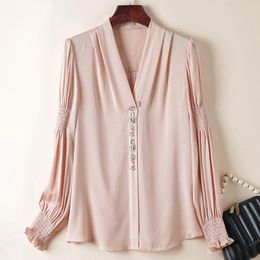 Women's Blouses Real Silk Women's Pink Shirt Elegant V-neck Long Sleeve Shirts Vintage For Women Loose Tops Spring Summer Woman Blouse
