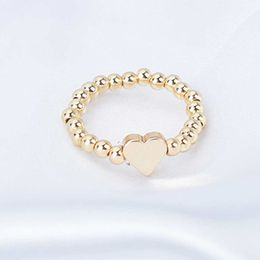 Band Rings New Korean Gold Colour Bead Heart Rings For Women Handmade Elastic Ring Simple Adjustable Jewellery Wedding Party Gift
