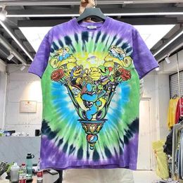 Men's T-Shirts Washed worn tie-dyed cartoon spoof bear print short-sleeved T-shirt T230419