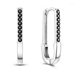 Hoop Earrings Unusual Paper Clip Black Zirconia For Girl Women Female Silver Color European Luxury Quality Jewelry