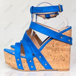 Olomm New Handmade Women Platform Sandals Wedges Heel Open Toe Elegant Black Blue Purple Wine Red Party Shoes Size 35 47 52