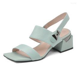 Sandals Women Brand Genuine Leather High Heel Buckle Square Toe Thick Heels Ladies Footwear Summer SheepSkin 34-40