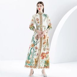Basic Casual Dresses 2024 Spring Fashion Holiday Long Dress Women's O-Neck Lantern Sleeve Floral Print Runway Single Breasted Party Vestidos