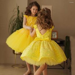 Girl Dresses Yellow Sequin Kids Party Gown Cap Sleeve Scoop Girl's Ceremonial Dress Glitter Little Baby Flower For Wedding