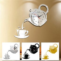 Desk Table Clocks 3D coffee cup teapot self-adhesive acrylic mirror clock wallpaper for home living room decoration wall clock wallpaper