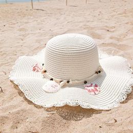 Wide Brim Hats Straw Hat Summer Panama For Men And Women Shell Ribbon Decoration Sun Breathable Beach Foldable