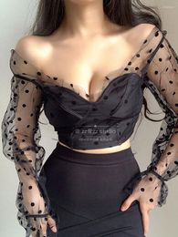 Women's Blouses Autumn Sexy Off Asia Shoulder Low Chest Spicy Girl Mesh Long Sleeve T-Shirt Tees Korean Women Tops EWL9