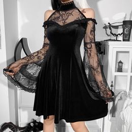 Casual Dresses Helisopus Gothic Suede Hanging Neck Mini Dress Lace Stitching Strapless Flared Sleeve Retro Women