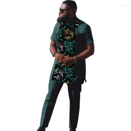 Ethnic Clothing Nigerian Fashion Dark Green Sets Men's Turn Down Collar Shirts Short Sleeved Groom Suits Tailored Wedding Outfits