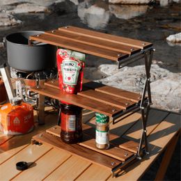 Camp Furniture Mini Wood Shelf Stainless Steel Oak Protable Folding Multifunctional Outdoor Camping Picnic Home Kitchen Tableware Storage Ra
