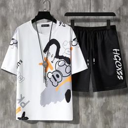 Men's Tracksuits Summer Men's Sets Korean Fashion Tracksuit Men Streetwear Casual Cartoon Men Outfit Set T ShirtsShorts 2 Piece Sets Men Clothes 230419