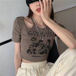 Women's TShirt Clothing Short shortsleeved Tshirt 2023 Summer American Retro Selfcultivation Machine Hollow Top 230419