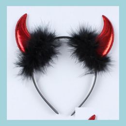 Other Event Party Supplies Christmas Hair Hoop Plush Ox Horn Devil Headband Halloween Cosplay Props Head Wear Dance Ball Concert F Dhsxe