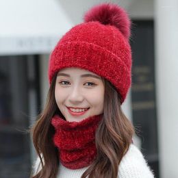 Beanies Beanie/Skull Caps Brand Winter Hat Women Velvet Thick Warm Skullies Beanie Hats Lady Chenille Knit Bib Female Outdoor Sets 2 Wool