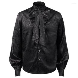 Men's Casual Shirts Men's Jacquard Long Sleeve Pirate Mandarin Collar Vampire Ruffled Steampunk Gothic Shirt Men Mediaeval Victorian