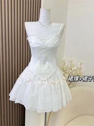 Work Dresses French Style Court Vintage Women 2 Pieces Outfit Irregular Lace Skinny Design Suspender Vest A-line High Waist Bow Mini Skirts